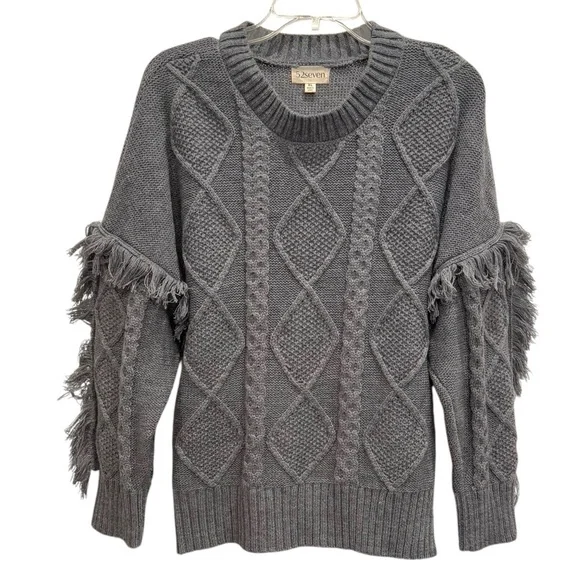 NWT 52seven Women's XL Gray Long Sleeve Cable Pullover Sweater with Fringe - Picture 2 of 11